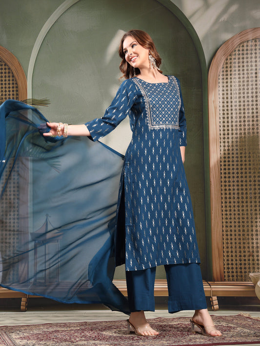 Ramas Embroidered Round Neck Straight Kurta & Palazzos With Dupatta
