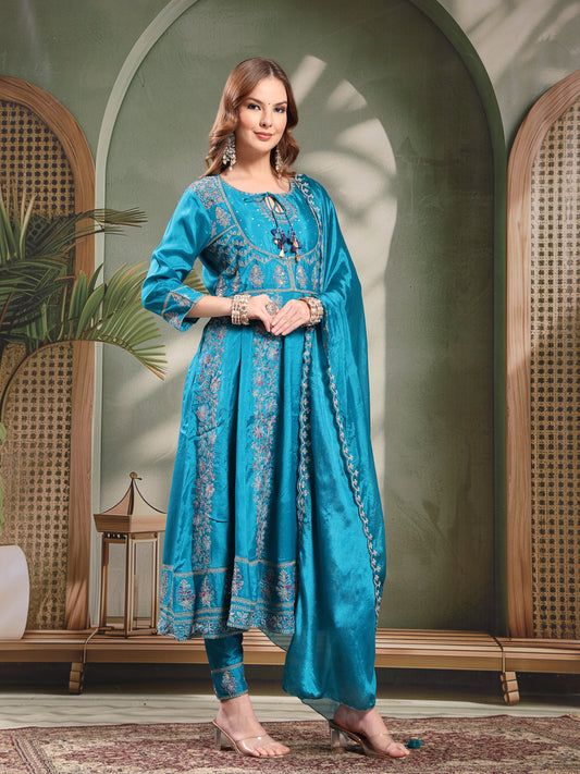 Ramas Embroidered Round Neck Anarkali Kurta & Trousers With Dupatta