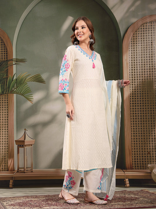 Ramas Off White Embroidered Pure Cotton V-Neck Kurta & Trousers With Dupatta