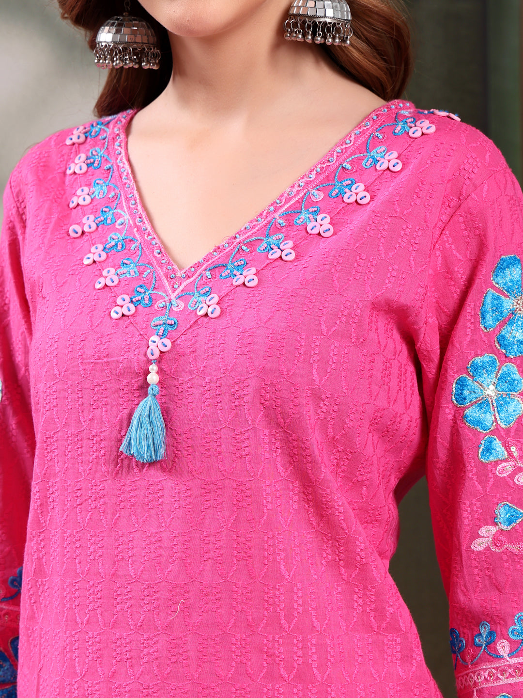 Ramas Embroidered Pure Cotton V-Neck Kurta & Trousers With Dupatta