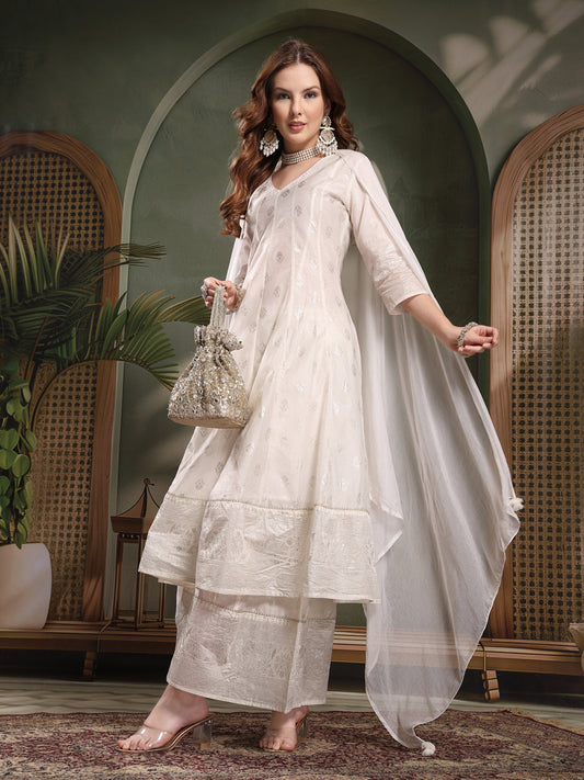 Ramas Printed V-Neck Anarkali Kurta & Sharara With Dupatta