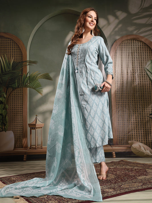 Ramas Paisley Printed Pure Cotton Round Neck Kurta & Trousers With Dupatta