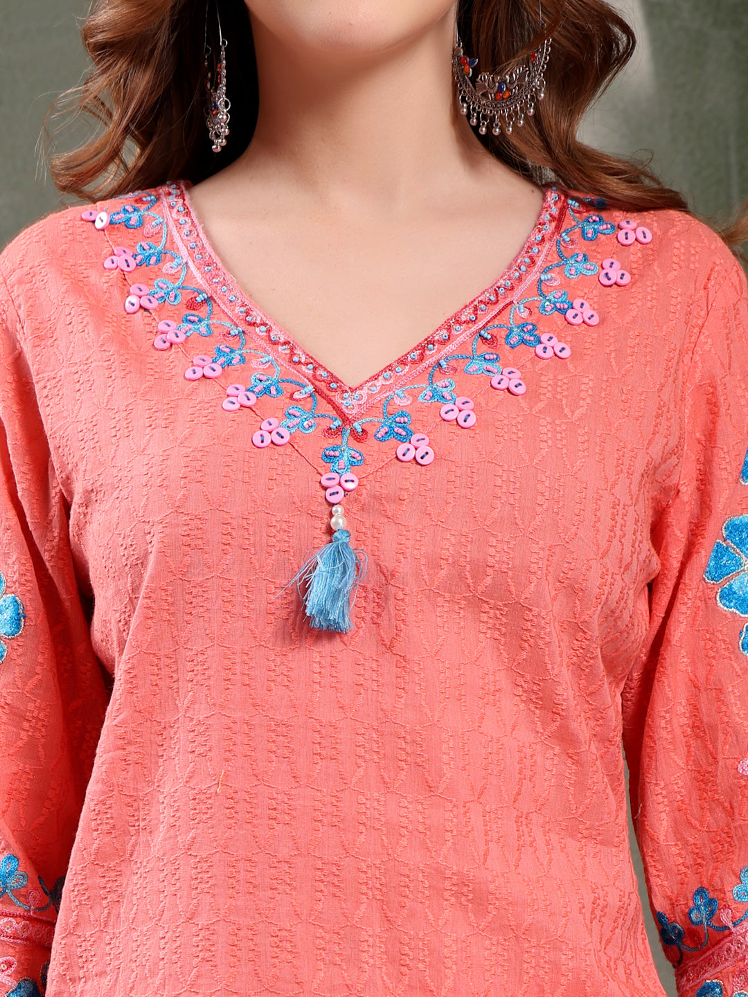 Ramas Sequin Embroidered Pure Cotton V-Neck Kurta & Trousers With Dupatta