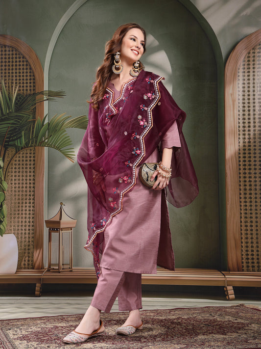 Ramas V-Neck Straight Kurta & Trousers With Embroidered Dupatta