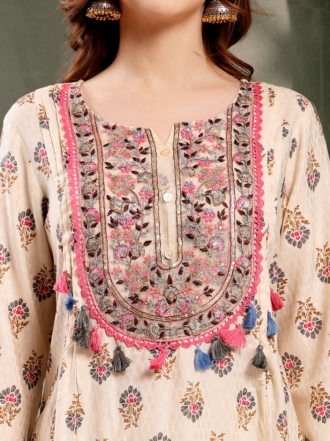 Ramas Embroidered Round Neck Straight Kurta & Palazzos With Dupatta