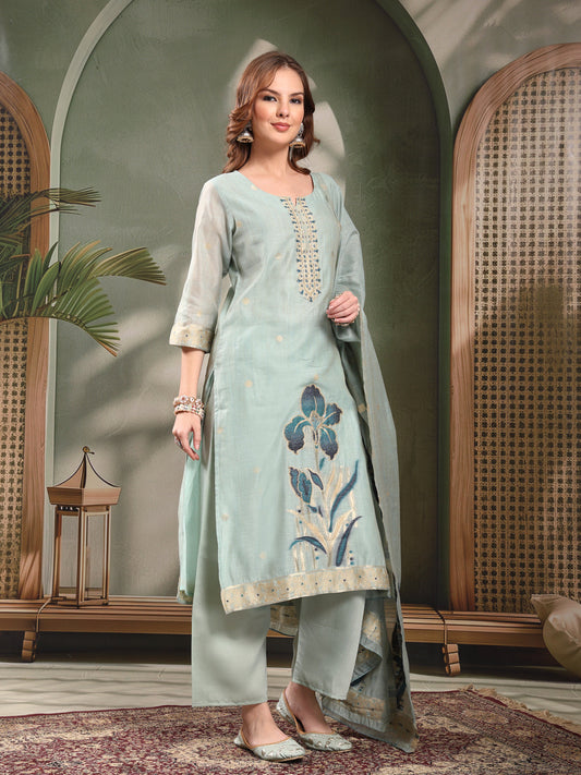 Ramas Embroidered Mirror Work Round Neck Straight Kurta & Palazzos With Dupatta