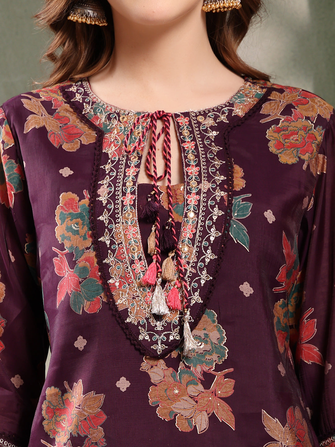 Ramas Embroidered Round Neck Straight Kurta & Sharara With Dupatta