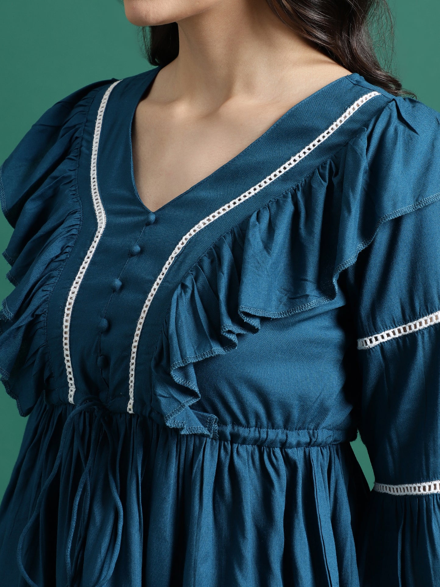 Women Blue V-Neck Gathered Cotton Peplum Tops