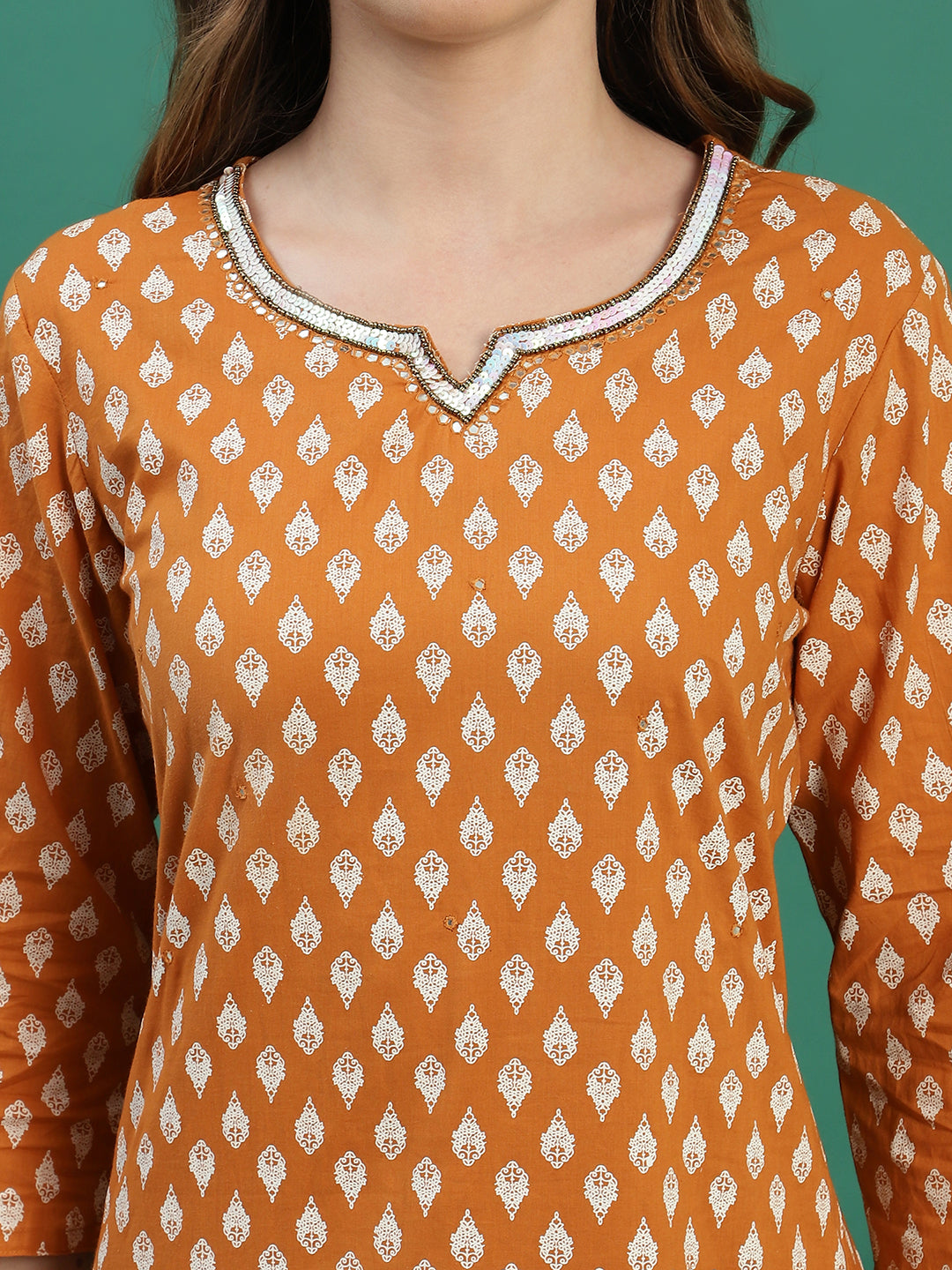 Women Mustard Cotton Embroidered & Printed Straight Kurta Set