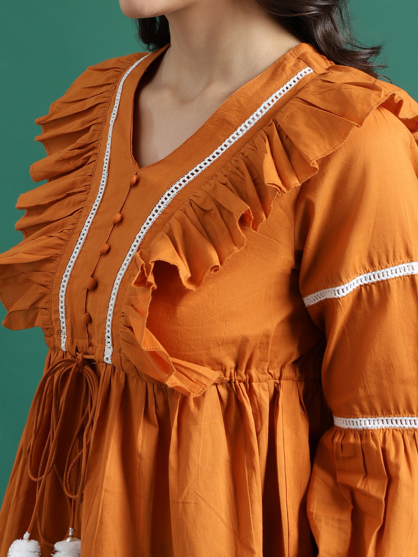 Women Mustard Color V-Neck Gathered Cotton Peplum Tops