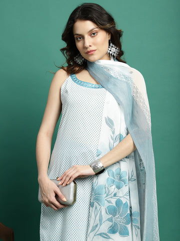 Women White Color Embroidery Cut Sleeves Kurta Palazzo With Dupatta Set