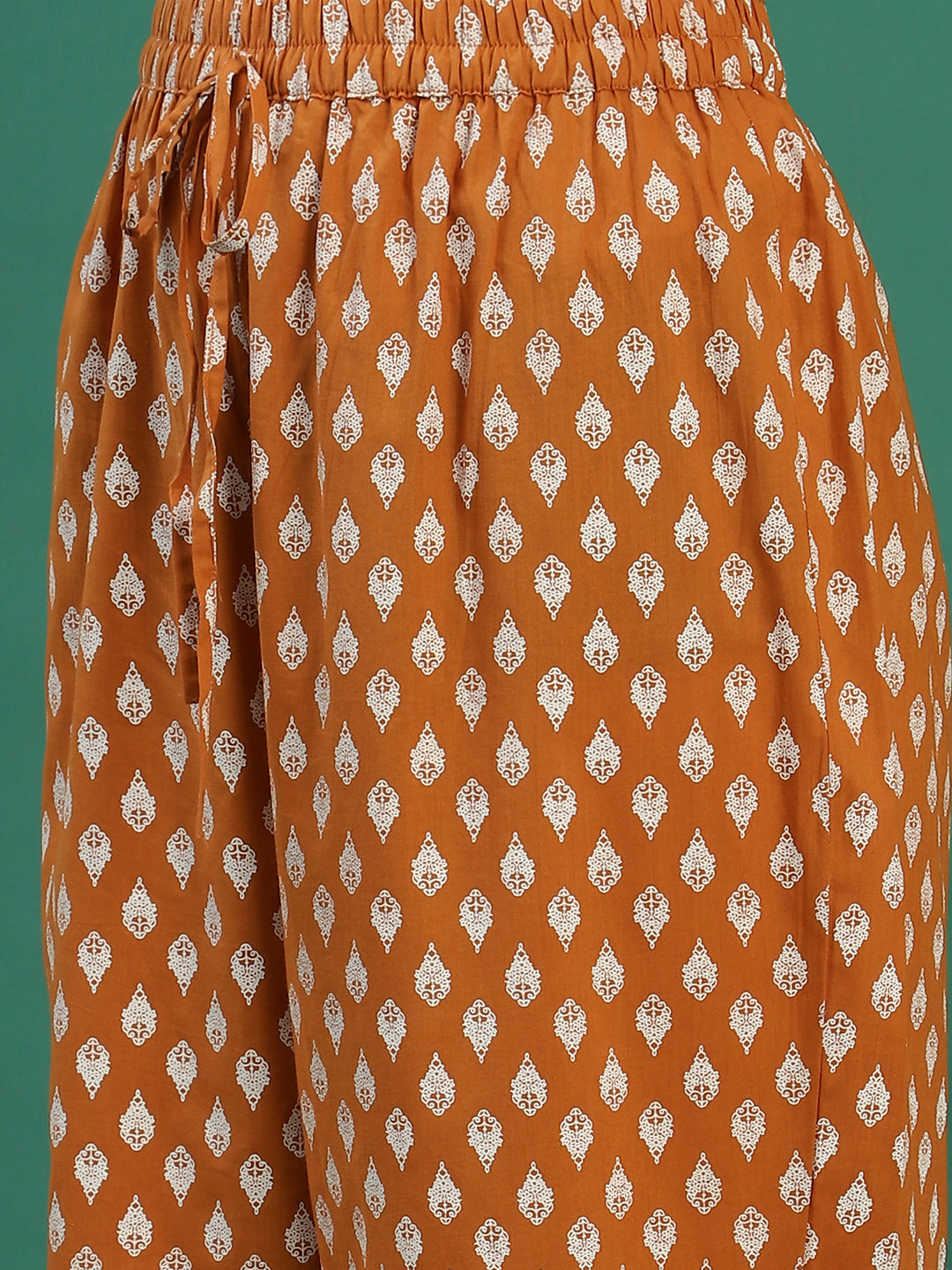 Women Mustard Cotton Embroidered & Printed Straight Kurta Set