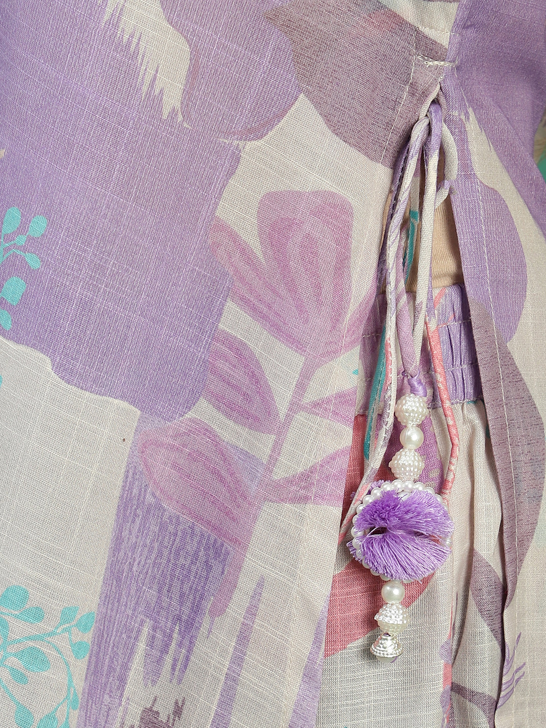 Women Beige Floral Printed Mirror Work V-Neck Straight Kurta With Trousers