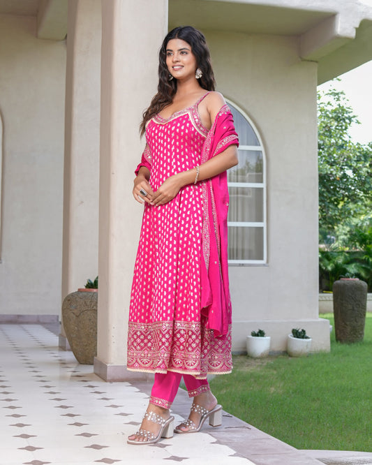 Womens Pink Color Embroidery Anarkali Kurta Trouser With Dupatta Set