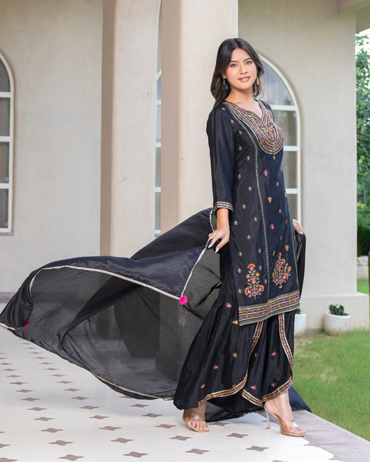 Womens Black Color Embroidery Staright Kurta Sharara With Dupatta Set