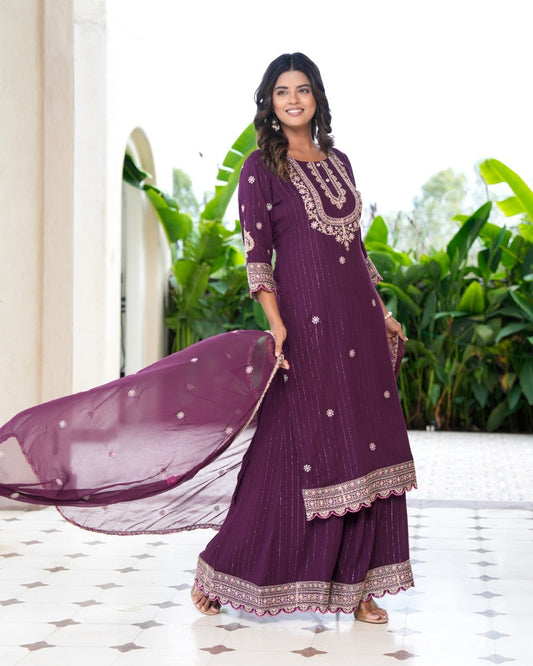 Womens Bhargundy Color Embroidery Staright Kurta Trouser With Dupatta