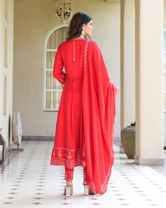 Womens Red Color Embroidery Anarkali Kurta Trouser With Dupatta