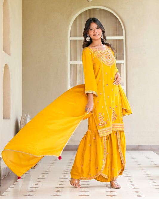 Womens Musterd Color Embroidery Staright Kurta Sharara With Dupatta Set