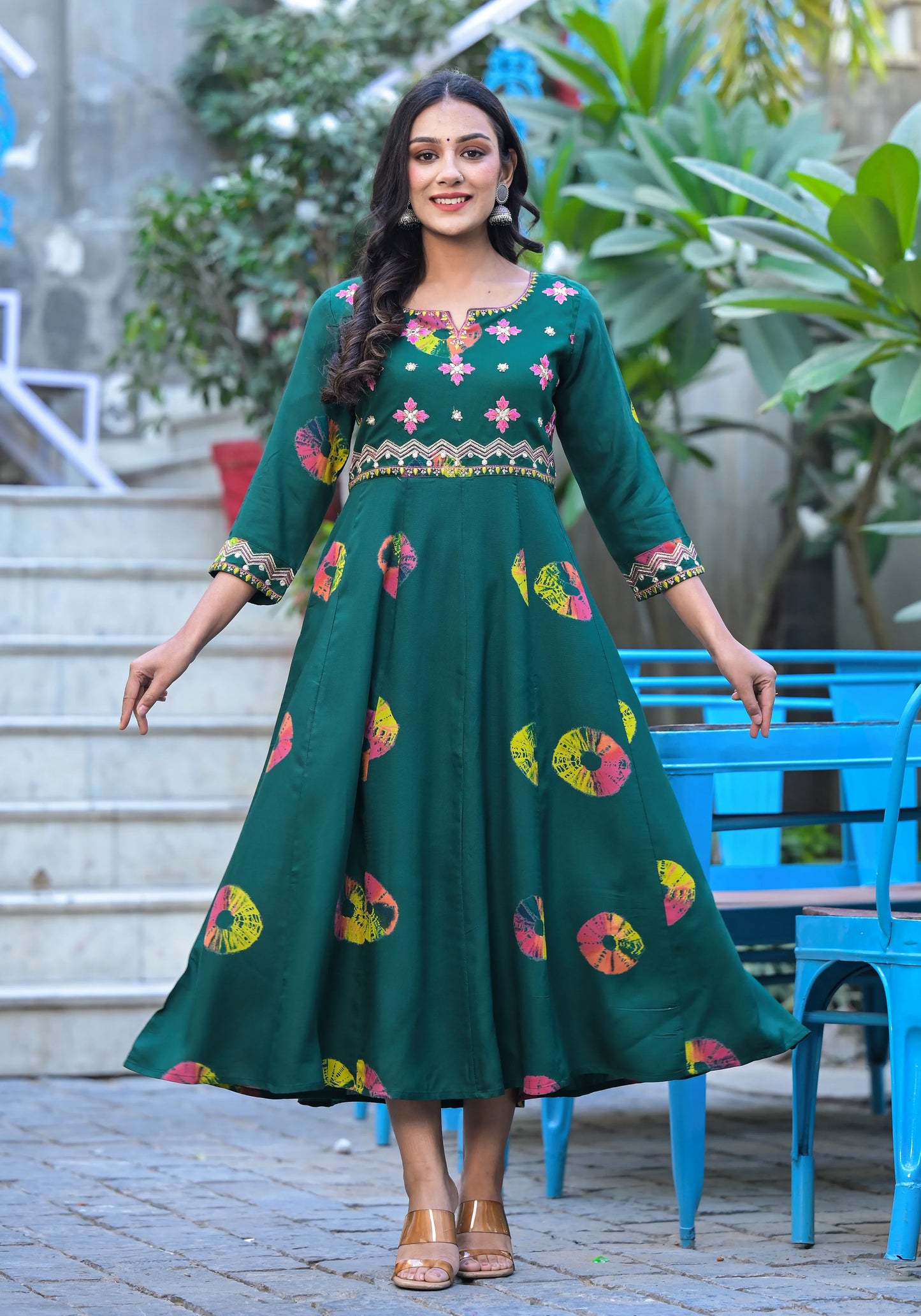 Rama's Printed Notched Neck Embroidered Midi A-Line Ethnic Dress