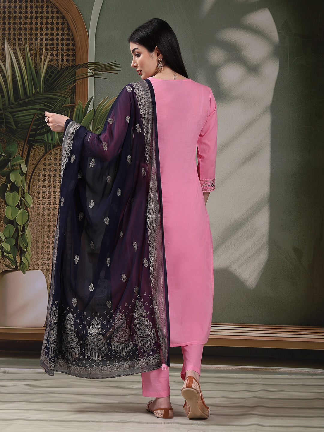 Women Embroidered Pure Cotton Straight Kurta With Trousers & Dupatta