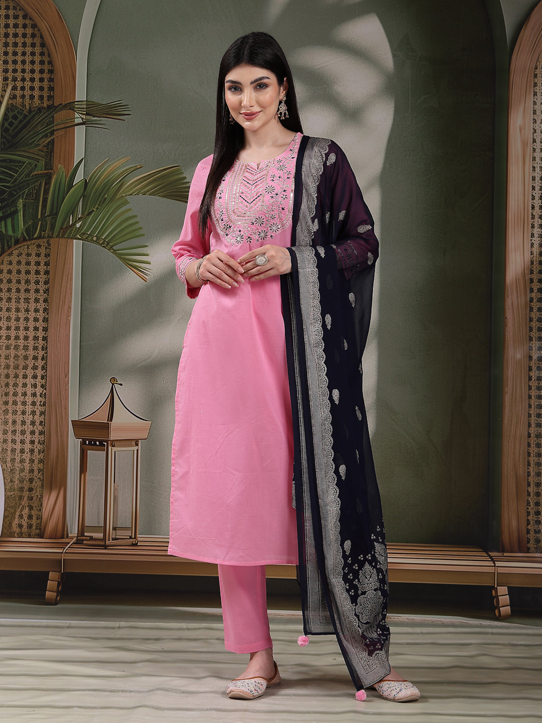 Women Embroidered Pure Cotton Straight Kurta With Trousers & Dupatta
