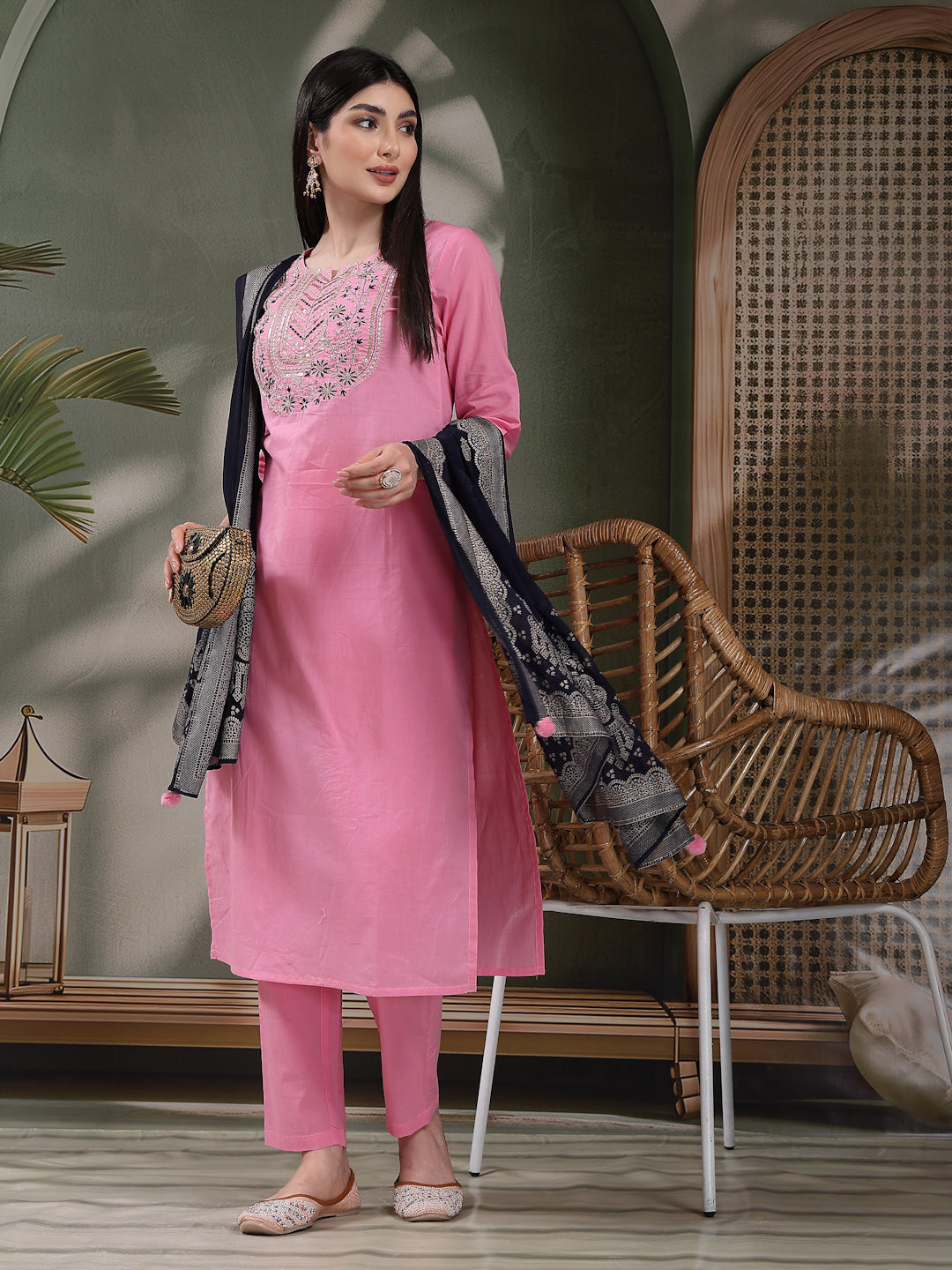 Women Embroidered Pure Cotton Straight Kurta With Trousers & Dupatta