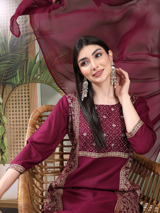 Women Wine Color Embroidered Straight Kurta With Palazzos & Dupatta