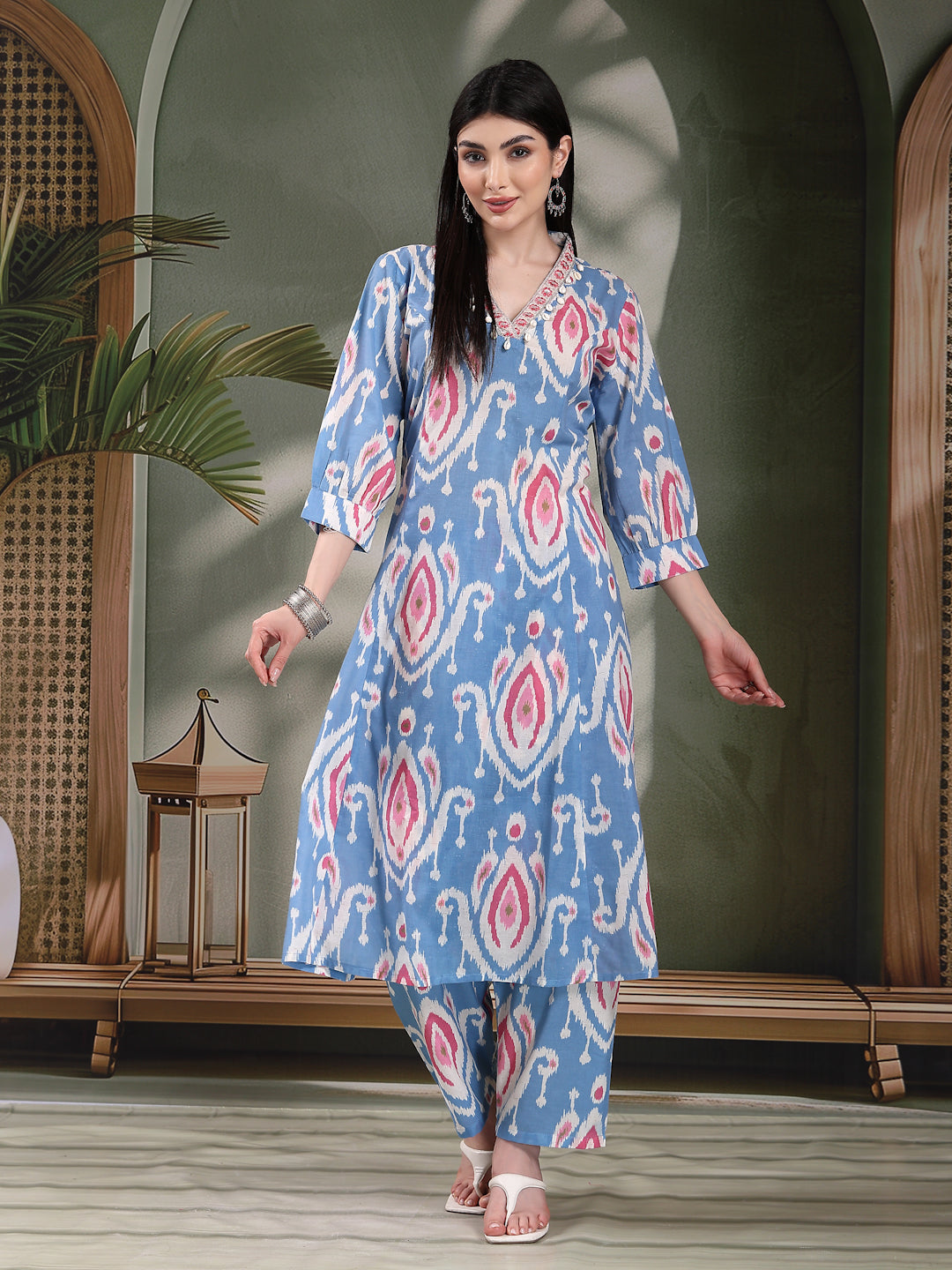 Women Ethnic Printed Pure Cotton A-Line Kurta & Trousers