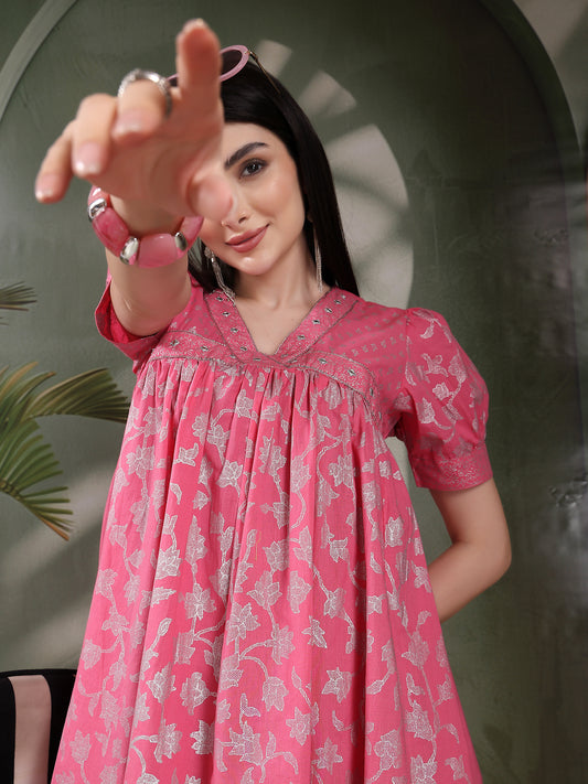 Women Pink Color Ethnic Motif Printed Empire Ethnic Dress