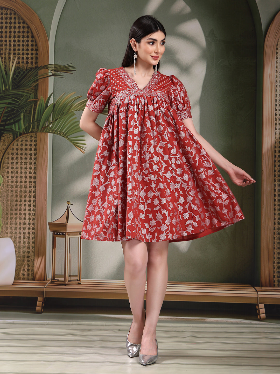 Women Rust Color Printed Cotton V Neck Empire Ethnic Dress