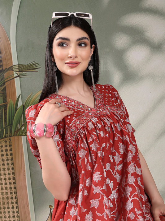 Women Rust Color Printed Cotton V Neck Empire Ethnic Dress