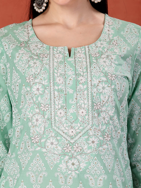 Women Floral Printed Notch Neck Thread Work Cotton Straight Kurta