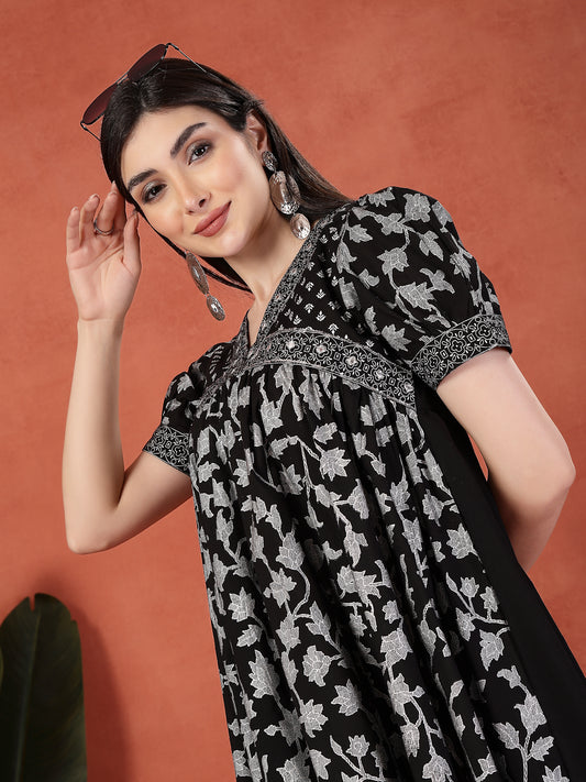 Women Black Color Printed Cotton V Neck Empire Ethnic Dress
