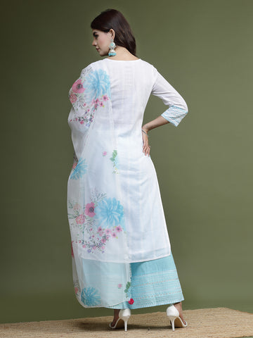 RAMA'S Women White Embroidery Kurta palazzo With Printed Dupatta set