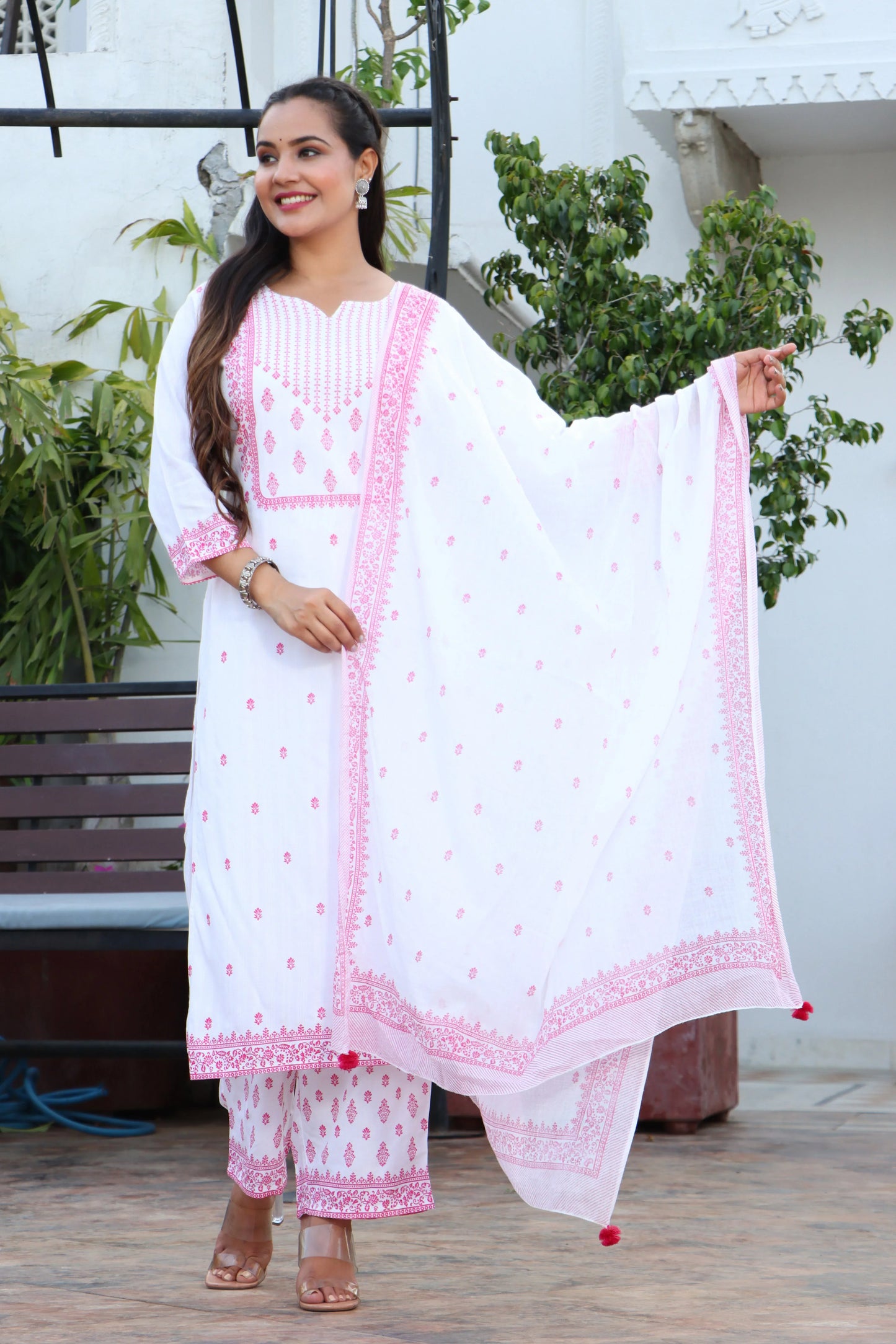 Women White & Pink Color Ethnic Motifs Printed Rayon Straight Kurta With Trousers & Dupatta Set
