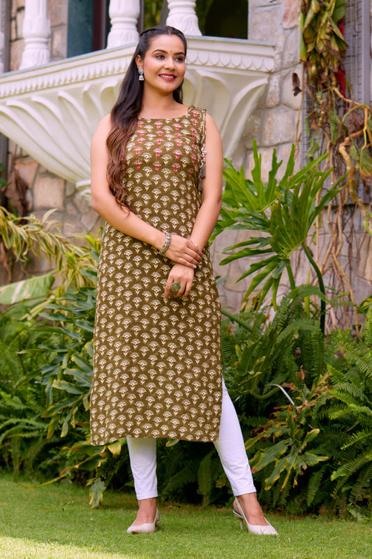 Elegant Women Olive Green Color Floral Motif's Print with Embroidery embellished Cut Sleeves Straight Kurta
