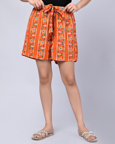 Women Orange Color Printed Regular Shorts