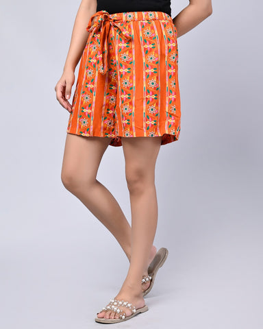 Women Orange Color Printed Regular Shorts