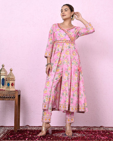 Women Pink Color Printed & Embroidery Kurta and  Pant with Dupatta Set
