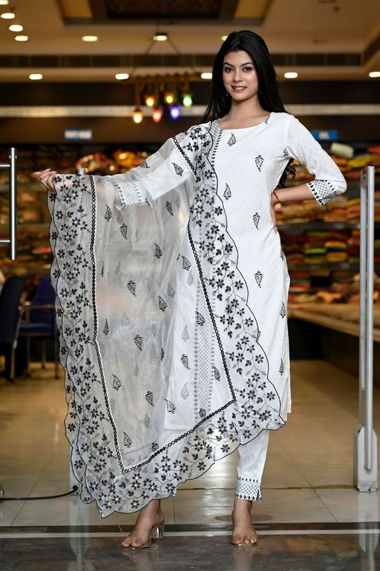 RAMA'S White Color Embroidery Solid Ethnic Suit With Dupatta