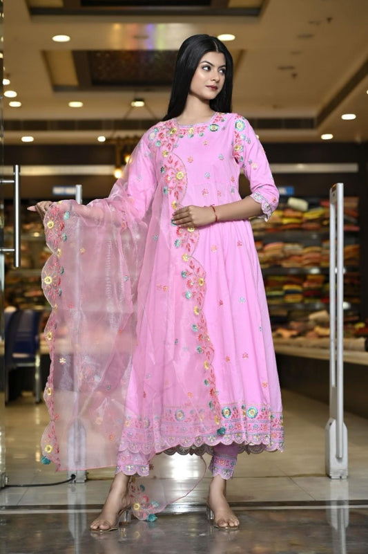 RAMA'S Solid Pink Embroidery Rayon Ethnic Anarkali Set With Dupatta