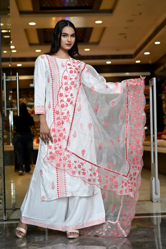 RAMA'S White Color Floral Embroidery Rayon Ethnic Set With Dupatta