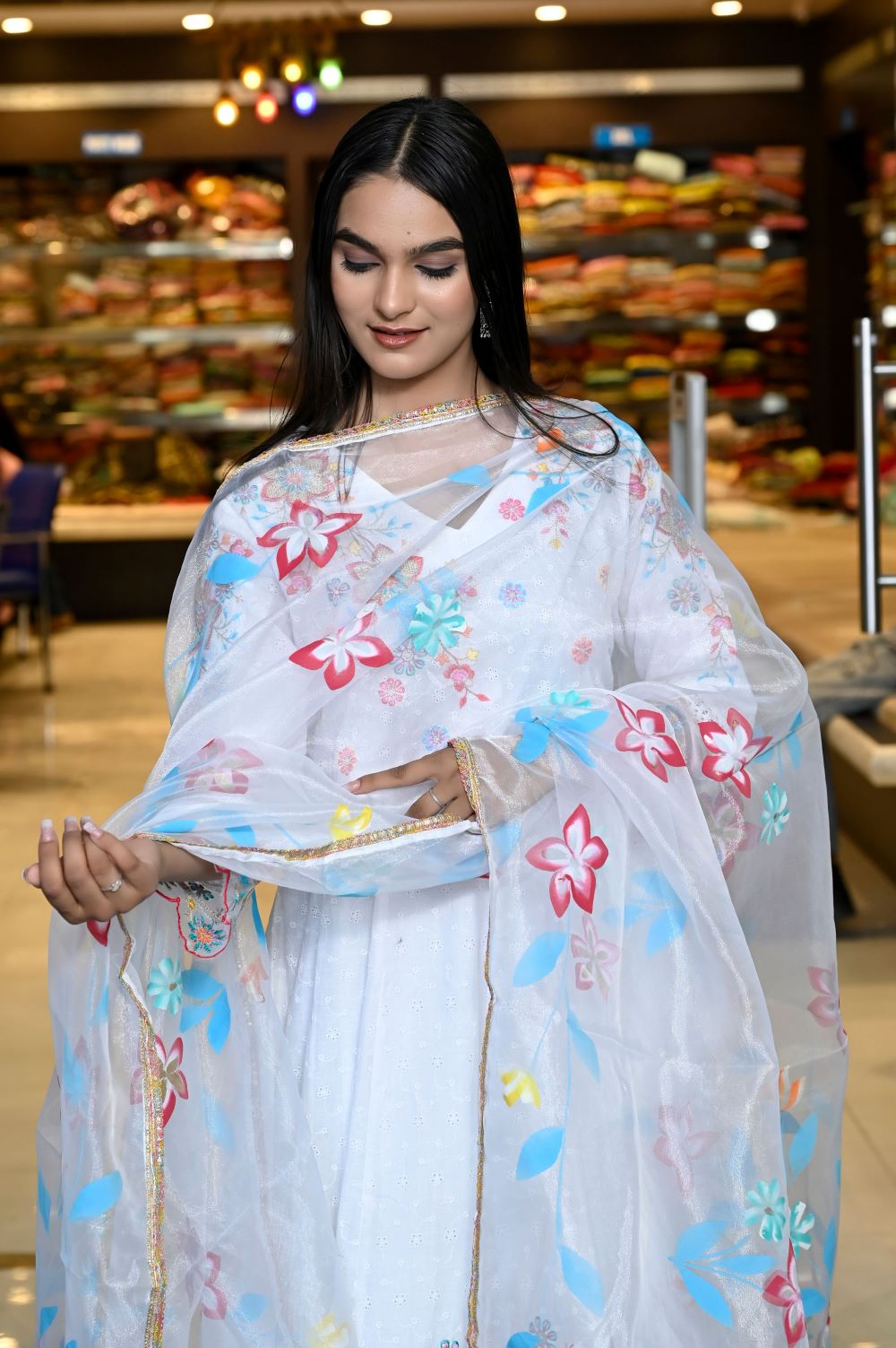 RAMA'S White Color Ethnic Wear Floral Embroidery Cotton 3 pcs Set