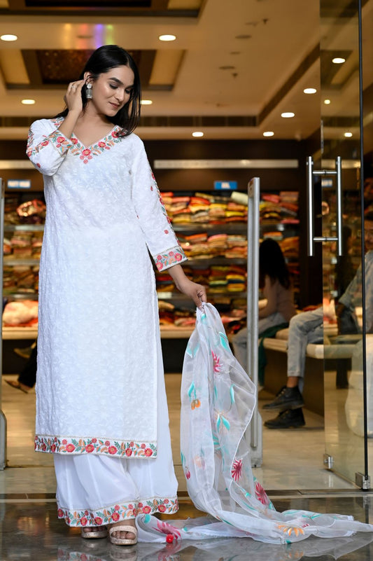 RAMA'S White Color Ethnic Wear Georgette Floral Embroidery Cotton 3 pcs Set