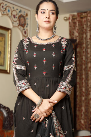 RAMA'S Designer Black Embroidery Nayera Cut Kurta Set With Printed Dupatta