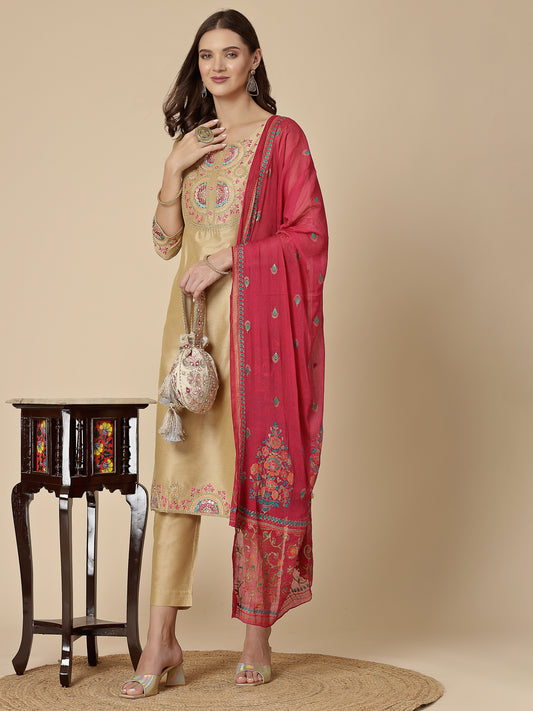 RAMA'S Women Beige Color Embroidery Kurta Pant With Printed Dupatta Set