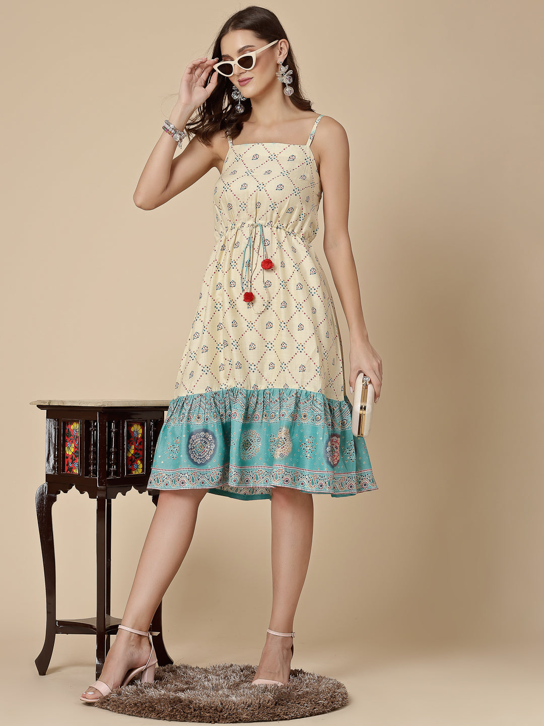 RAMA'S Women Beige Color Bandhani Print Dress