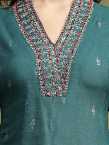 RAMA'S Women Green Color Embroidery Anarkali Kurta Pant Set