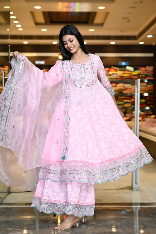 RAMA'S Designer Solid Pink Embroidery Anarkali Set With Dupatta