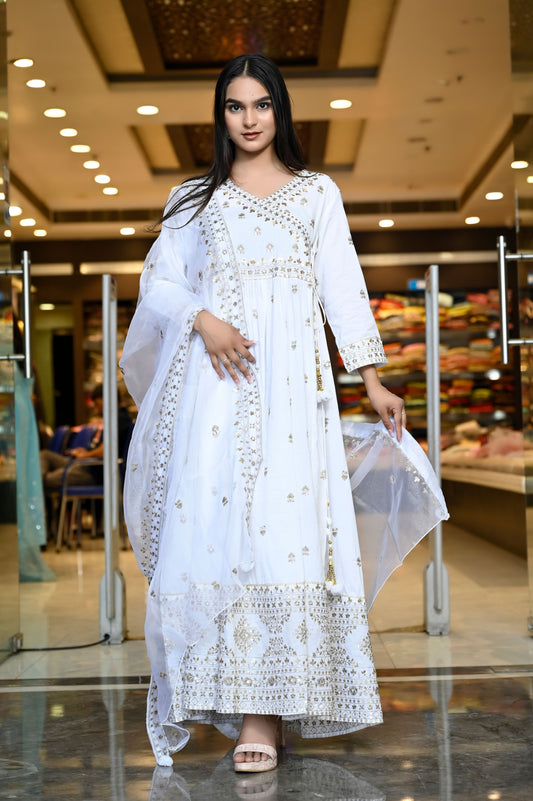 RAMA's Party Wear White Embroidery Cotton Set With Dupatta